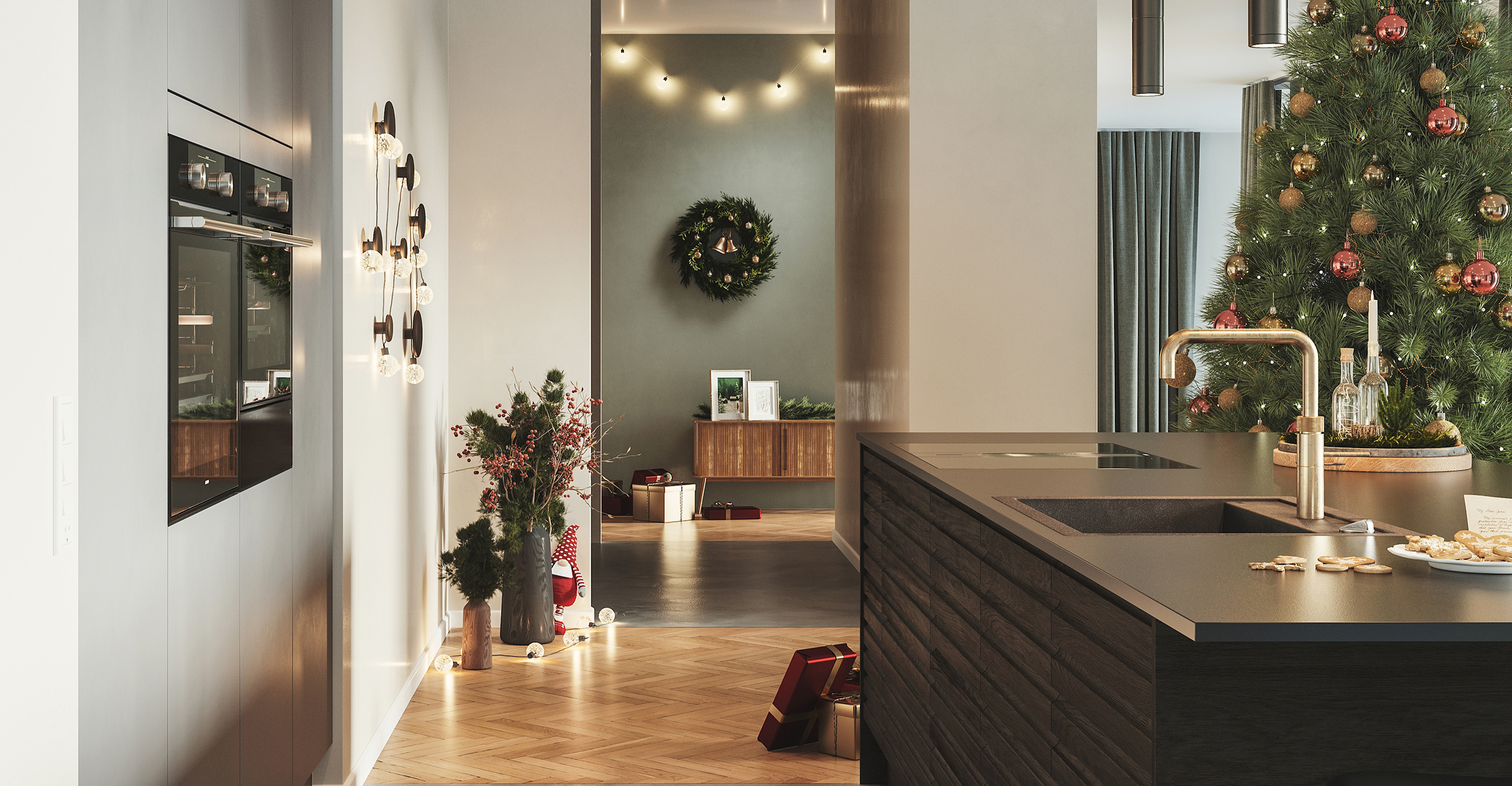 Opgrader din jul med DESIGNA. På billedet ses et køkken med en masse julepynt